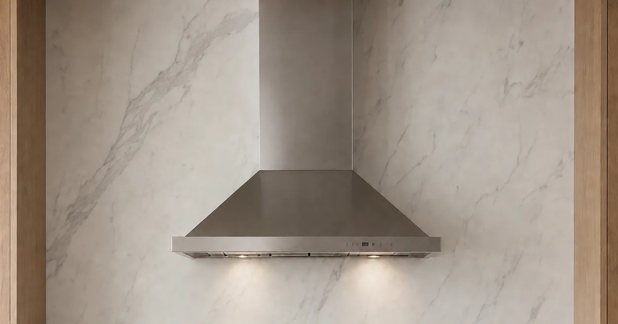 Stainless steel chimney-style wall-mounted range hood over a marble backsplash, its duct chimney running up to the ceiling between oak cabinets