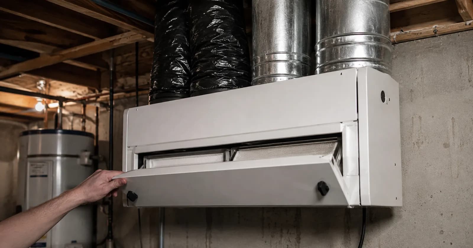 Homeowner opening the filter access panel on a wall-mounted residential air exchanger (HRV) with insulated and rigid ducts in a basement