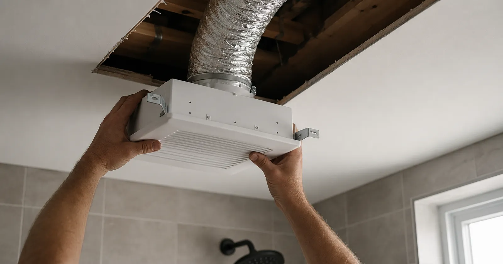 Installer fitting a white ceiling bathroom exhaust fan connected to insulated flexible duct in a tiled bathroom
