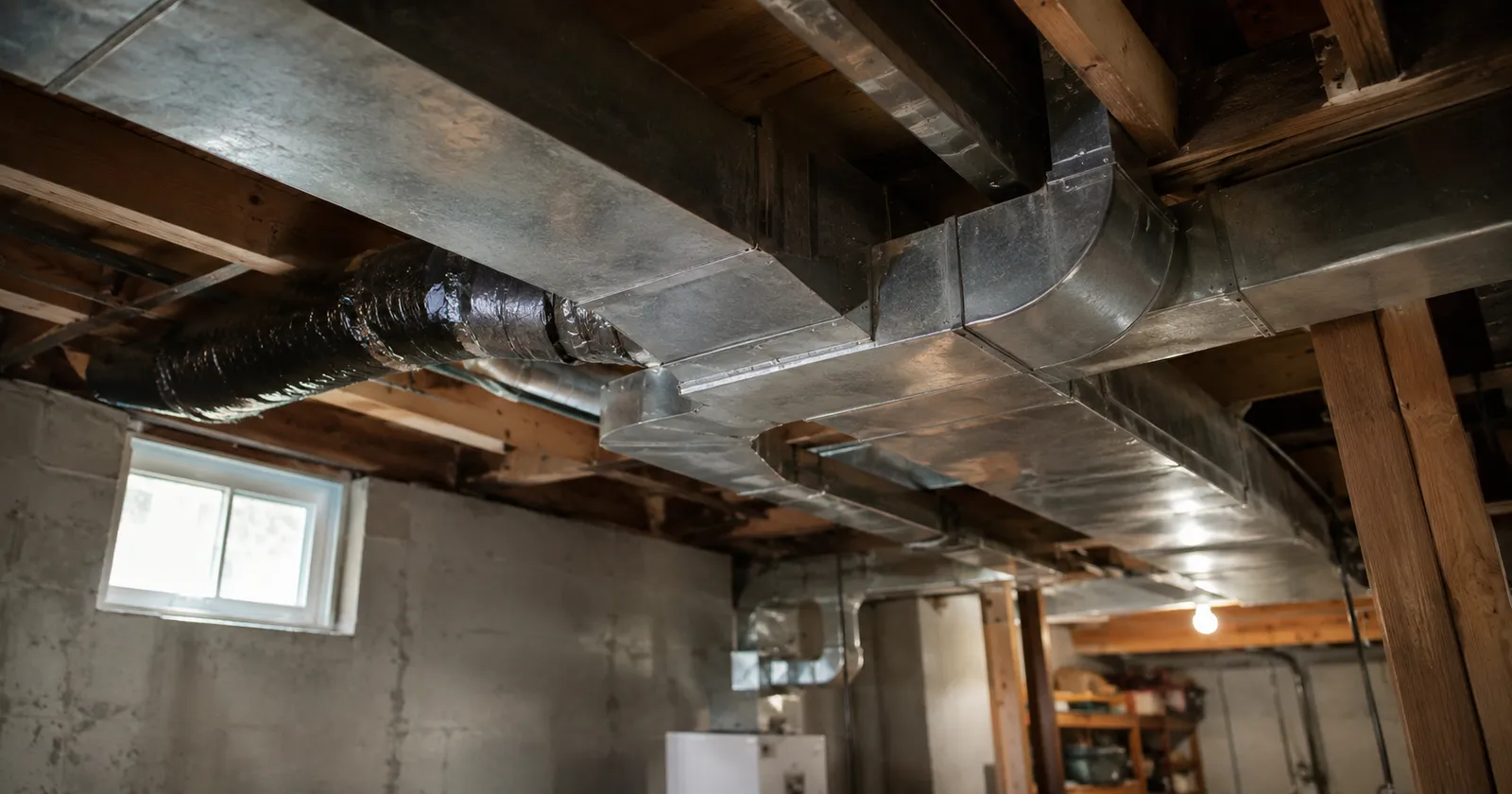 Galvanized sheet metal trunk duct and branch takeoffs running between floor joists in an unfinished basement