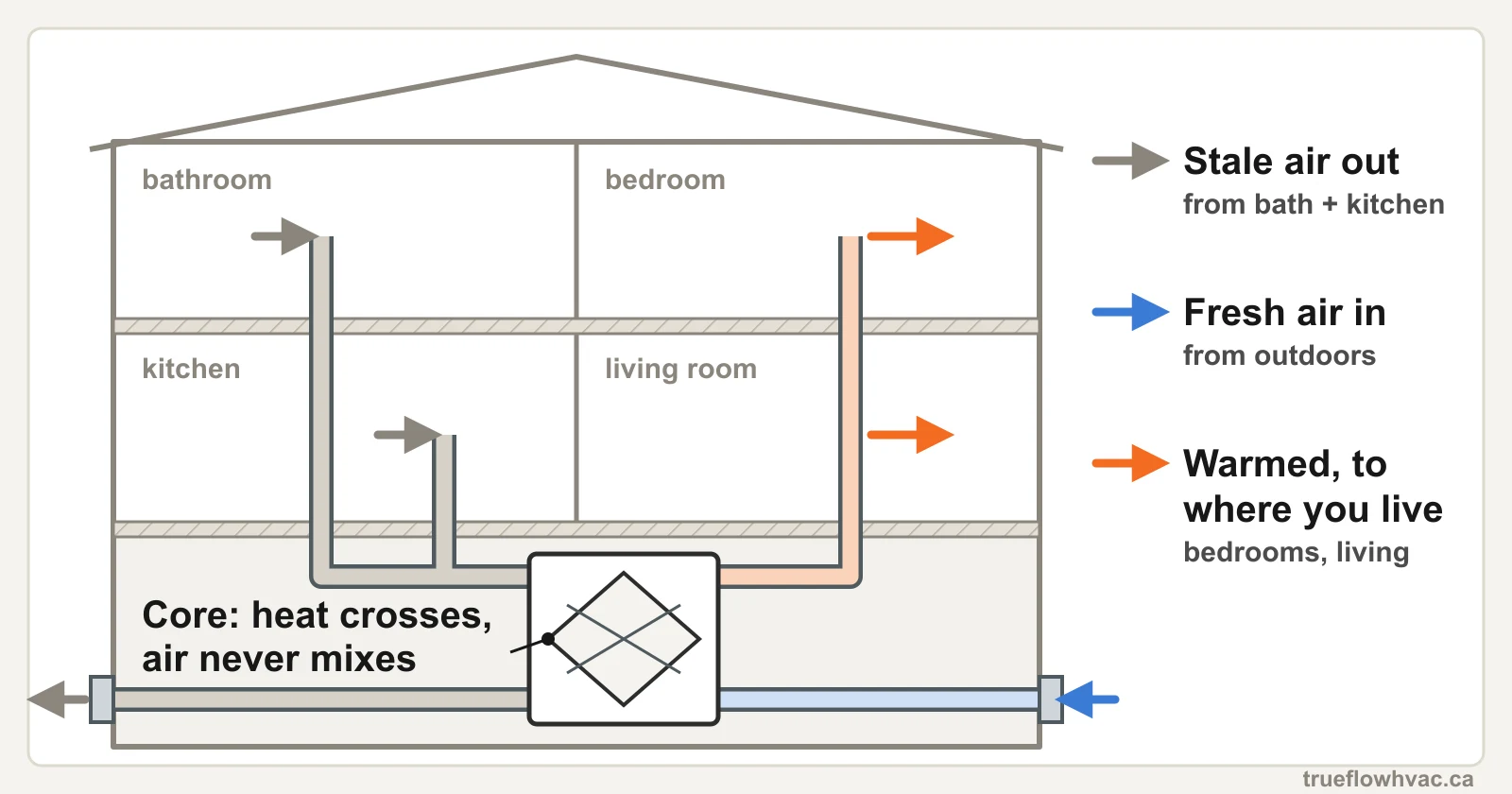 Diagram of a whole-house HRV in a Halifax home: stale air drawn from bathroom and kitchen, fresh outdoor air warmed in the core and delivered to bedrooms and living room