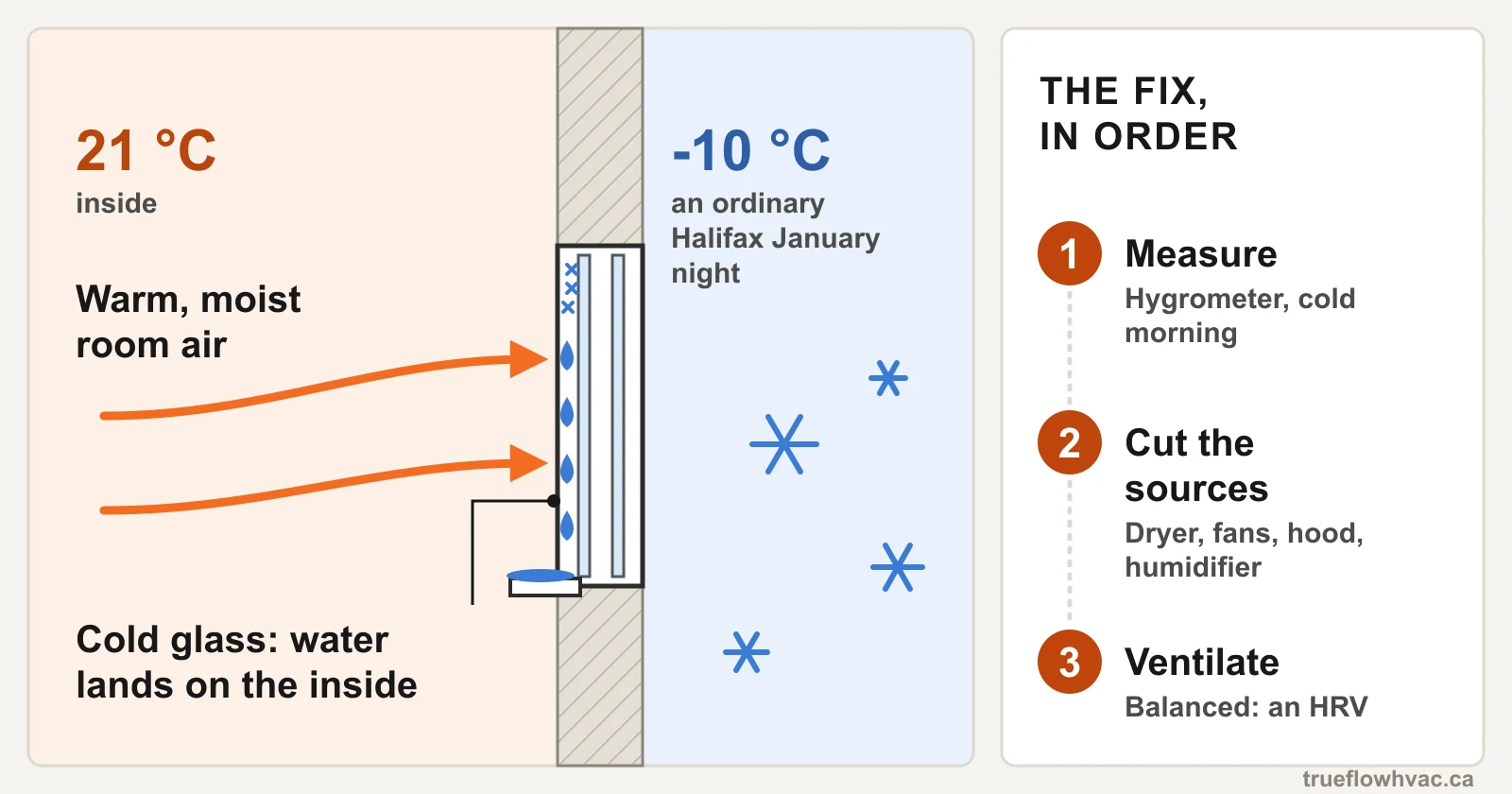 Diagram of winter window condensation in Nova Scotia: warm moist room air at 21 °C meets glass cooled by a -10 °C Halifax night, with the fix in order: measure, cut sources, ventilate